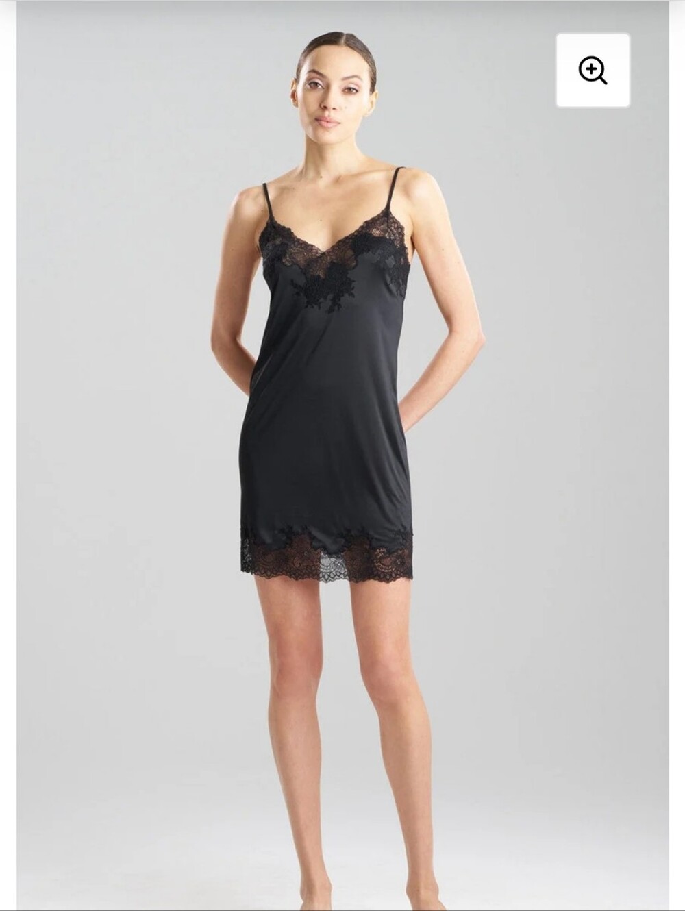 Natori Black Enchant Lace-Trim Chemise Slip Nightdress